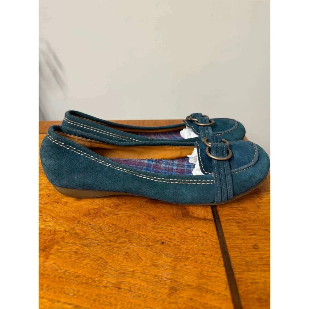 Mossimo Supply Co Teal Blue Suede Loafers Ring Detail Plaid Lining Womens 10